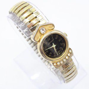 Vintage JAPONA Watch Womens Gold Tone Stainless Steel Diamond Black Dial